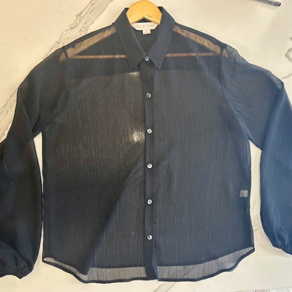 Ellie Mae Button Up Shirt - Black Sheer w/Silver Thread detail - Size: M